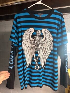 Current Mood Blue & Black Striped Long Sleeve Tee with Angel Skeleton Graphic